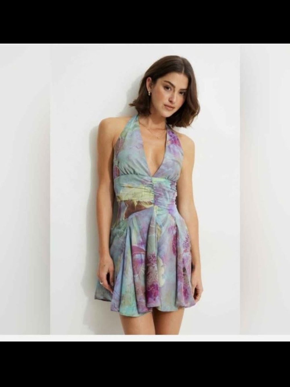 Dynamite Halter Floral Watercolor Mini Dress - Purple & Blue
